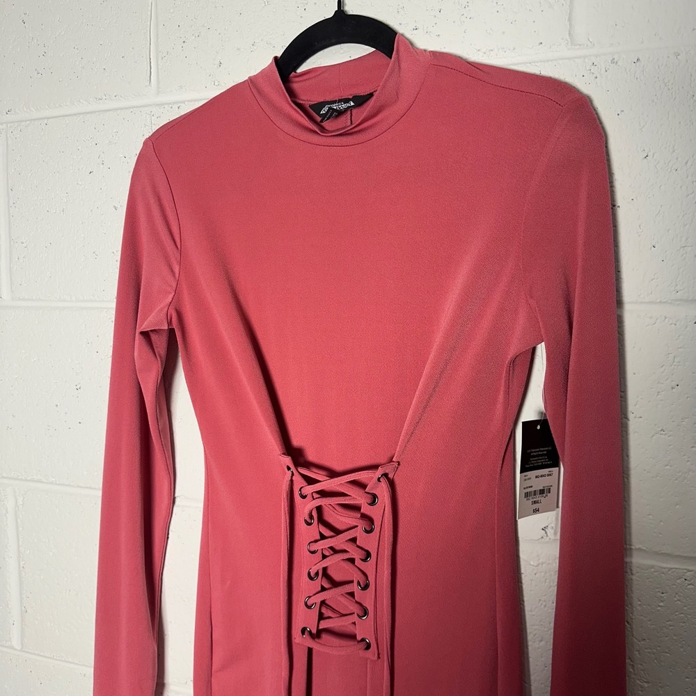 Project Runway Mock Neck Long Sleeve Lace Up Corset‎ Midi Dress Coral S